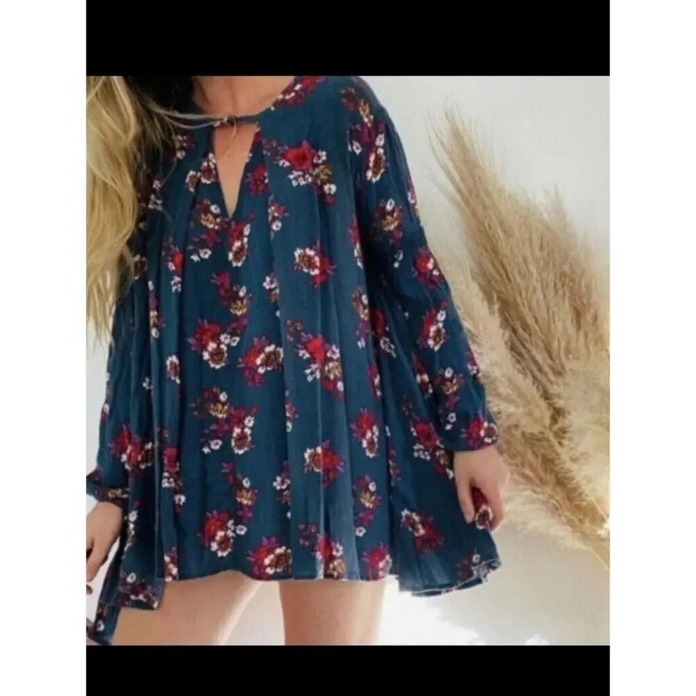 Free People  Electric Orchard Tunic Mini Trapeze Swing Teal Dress S Whimsigoth